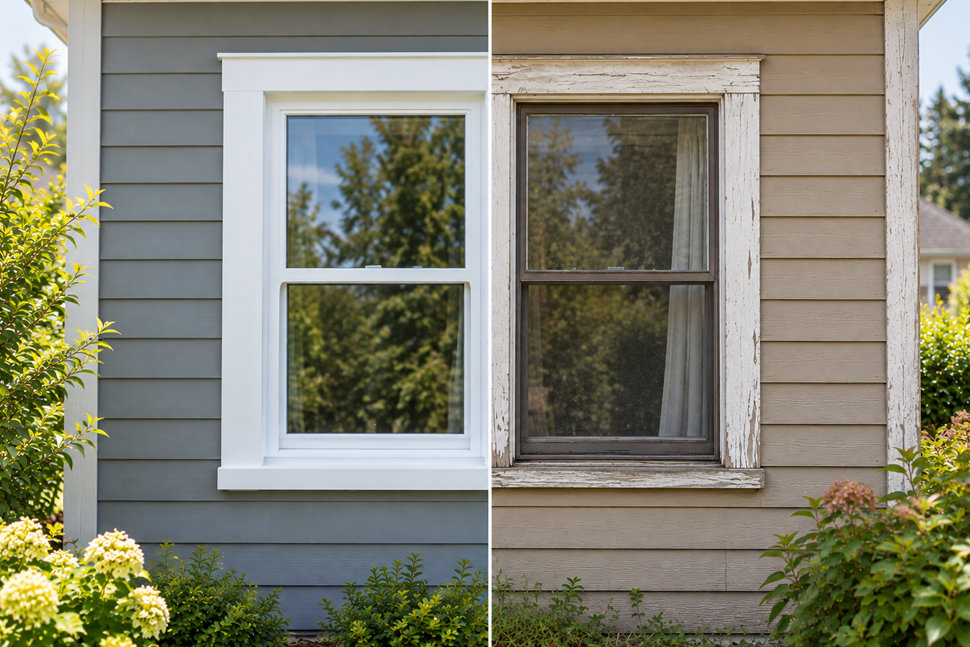 Side-by-side comparison of a clean modern replacement window versus an old weathered window frame needing repair.