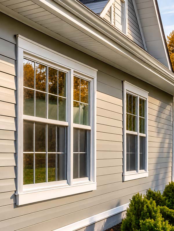 New vinyl replacement windows installed on a home exterior