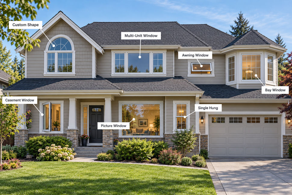 Diagram of a house labeling different window styles including casement, picture, bay, custom shape, and awning windows.