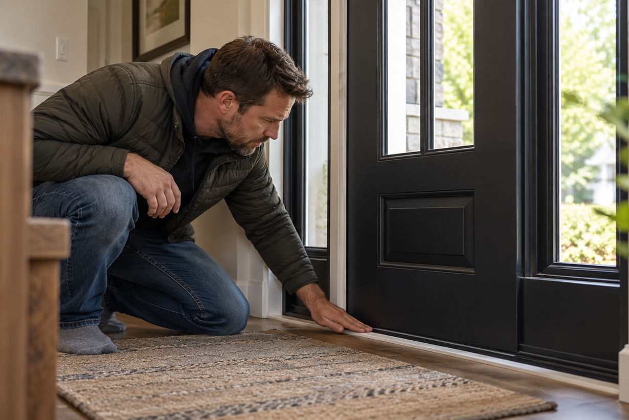 Homeowner kneeling to check for air drafts and cold air leakage along the bottom threshold of a front door.