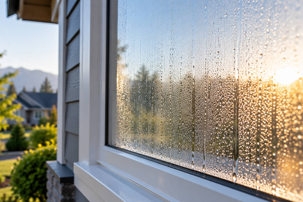 Exterior view of morning dew condensation forming on the outside glass of an energy-efficient modern window.