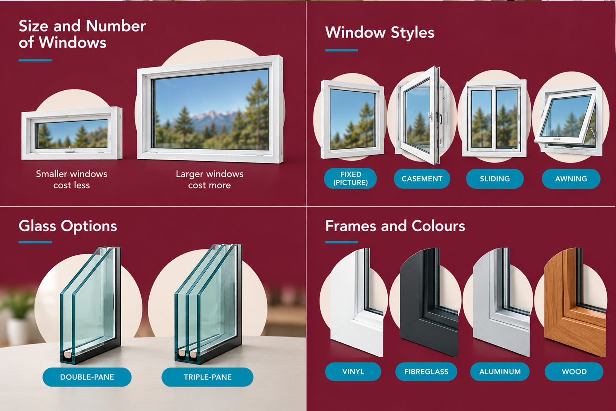 Diagram illustrating factors influencing window replacement costs, including window sizes, styles like casement and sliding, double vs. triple-pane glass, and frame materials such as vinyl, fibreglass, aluminum, and wood.