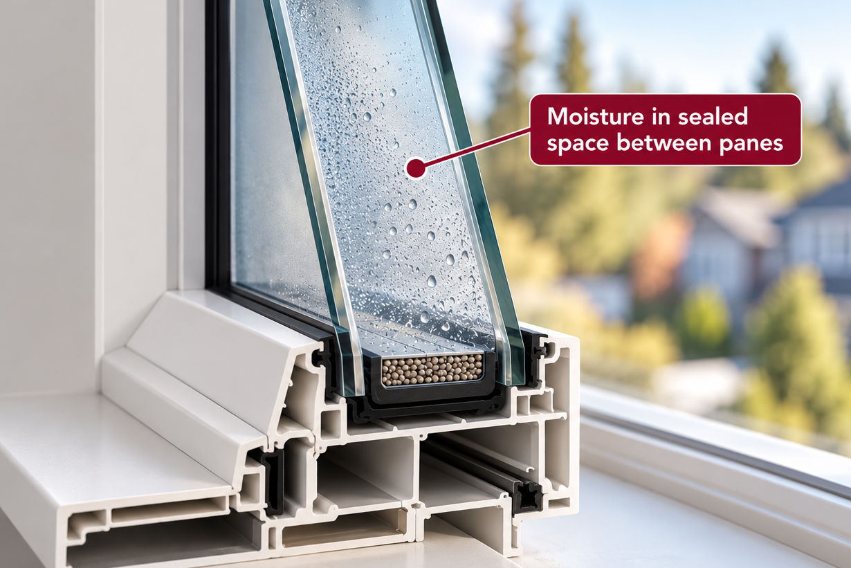 Cross-section diagram showing trapped moisture and condensation between sealed glass panes due to window seal failure.