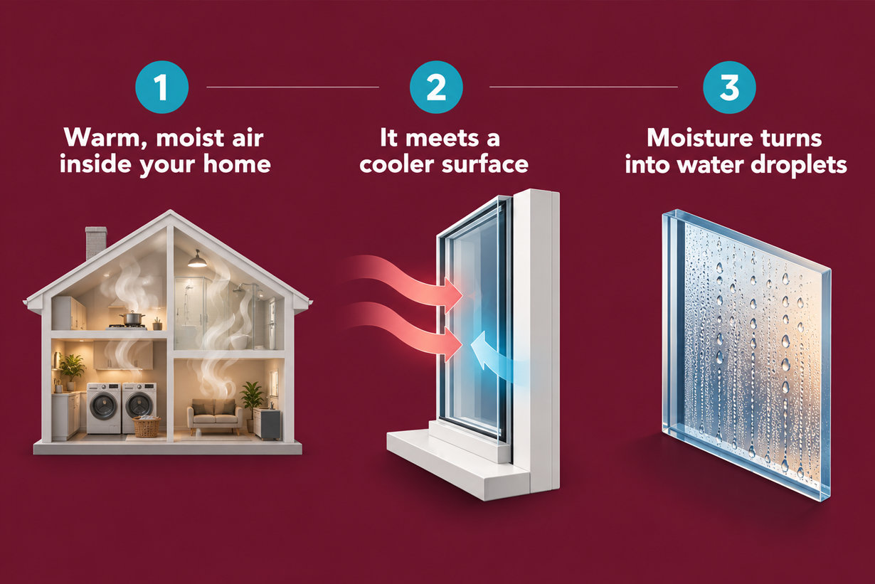 3-step diagram explaining how indoor warm moist air meets a cold window surface to form condensation droplets.