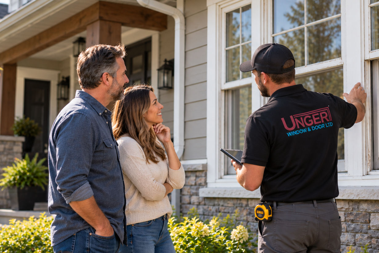 An Unger Window & Door specialist discussing window replacement options and estimates with homeowners outside their house.