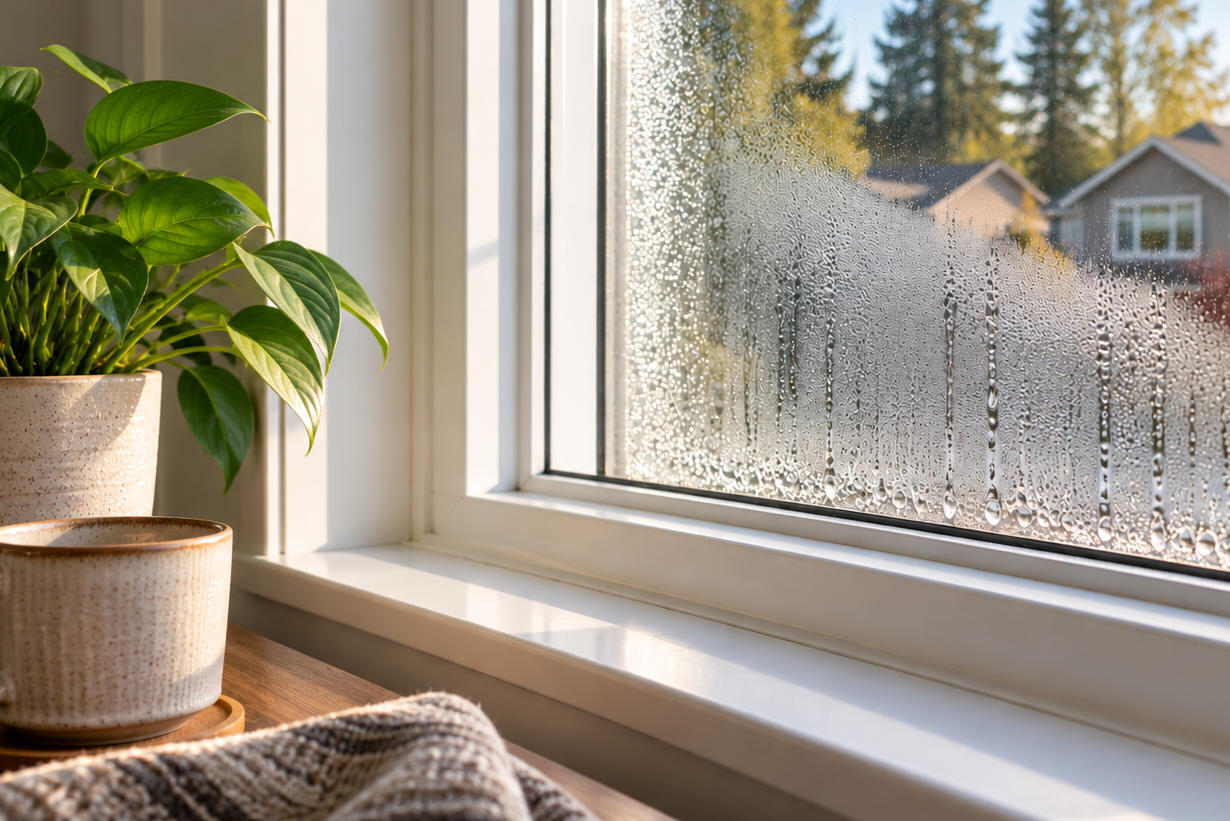 Water condensation and moisture droplets collecting on the interior glass pane of a residential window.