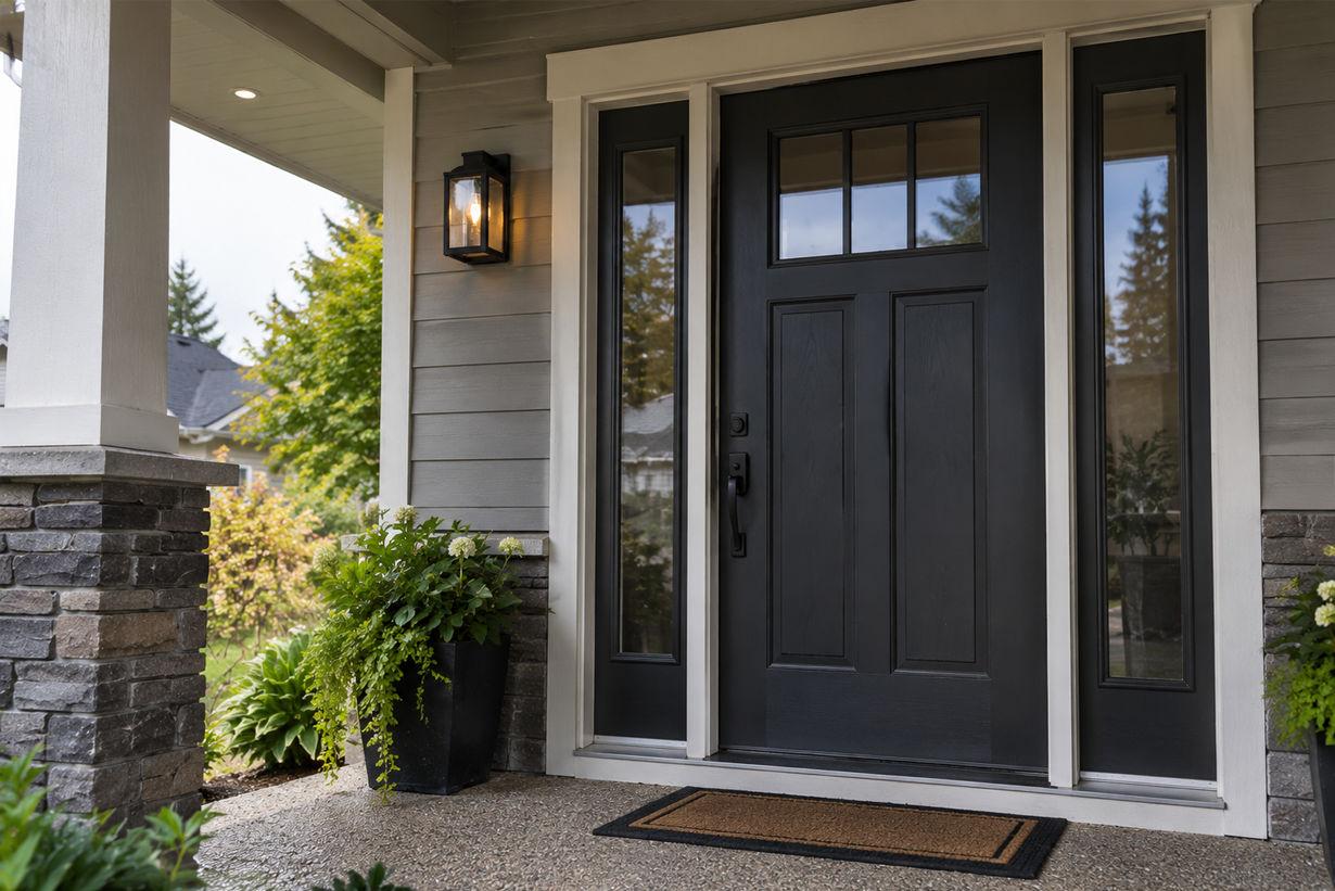 modern-black-front-door-replacement Modern dark grey exterior front door with side lights and top glass panel on a home entryway.