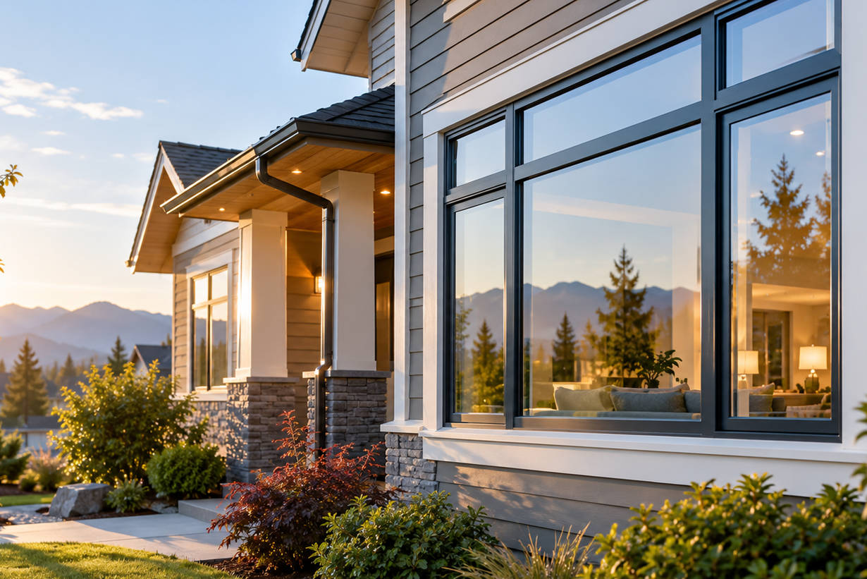 Modern residential home exterior featuring clean, energy-efficient double-pane glass windows.