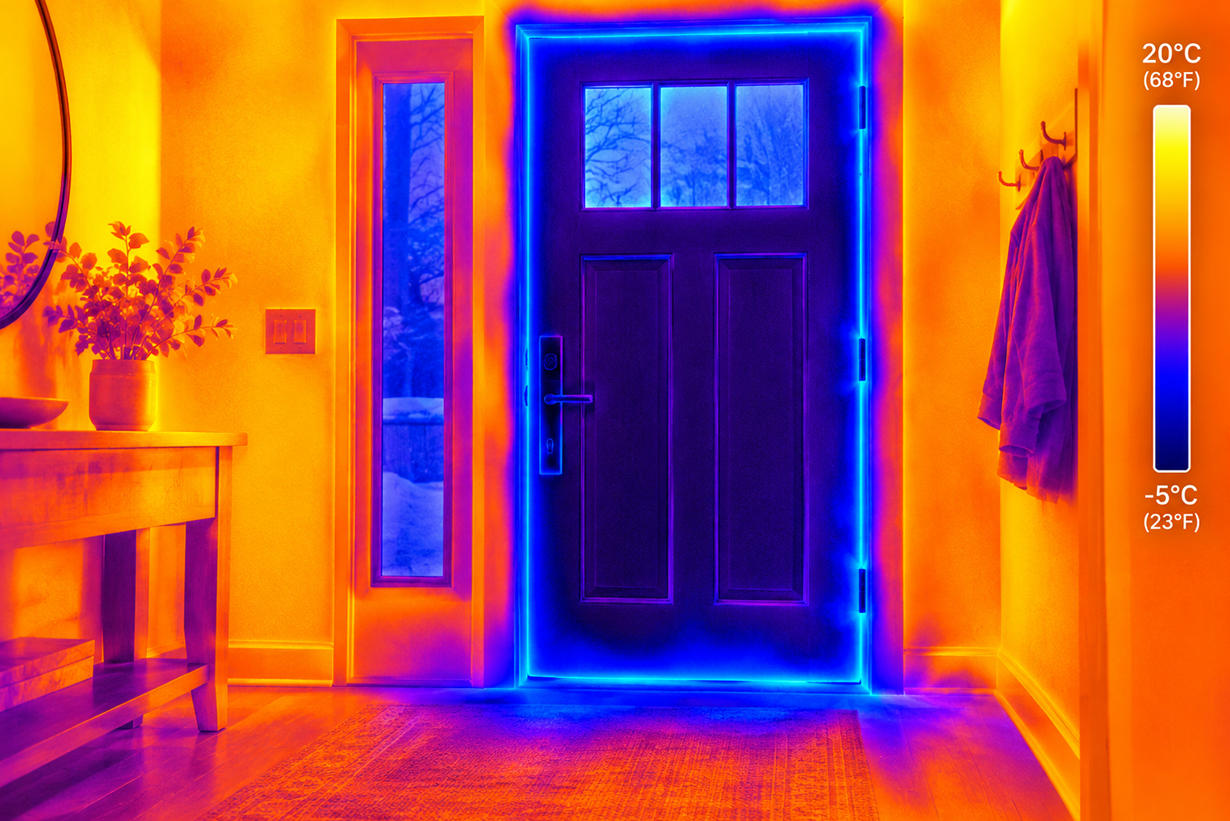 Thermal imaging scan of a front door showing heat loss and air leaks around the frame.
