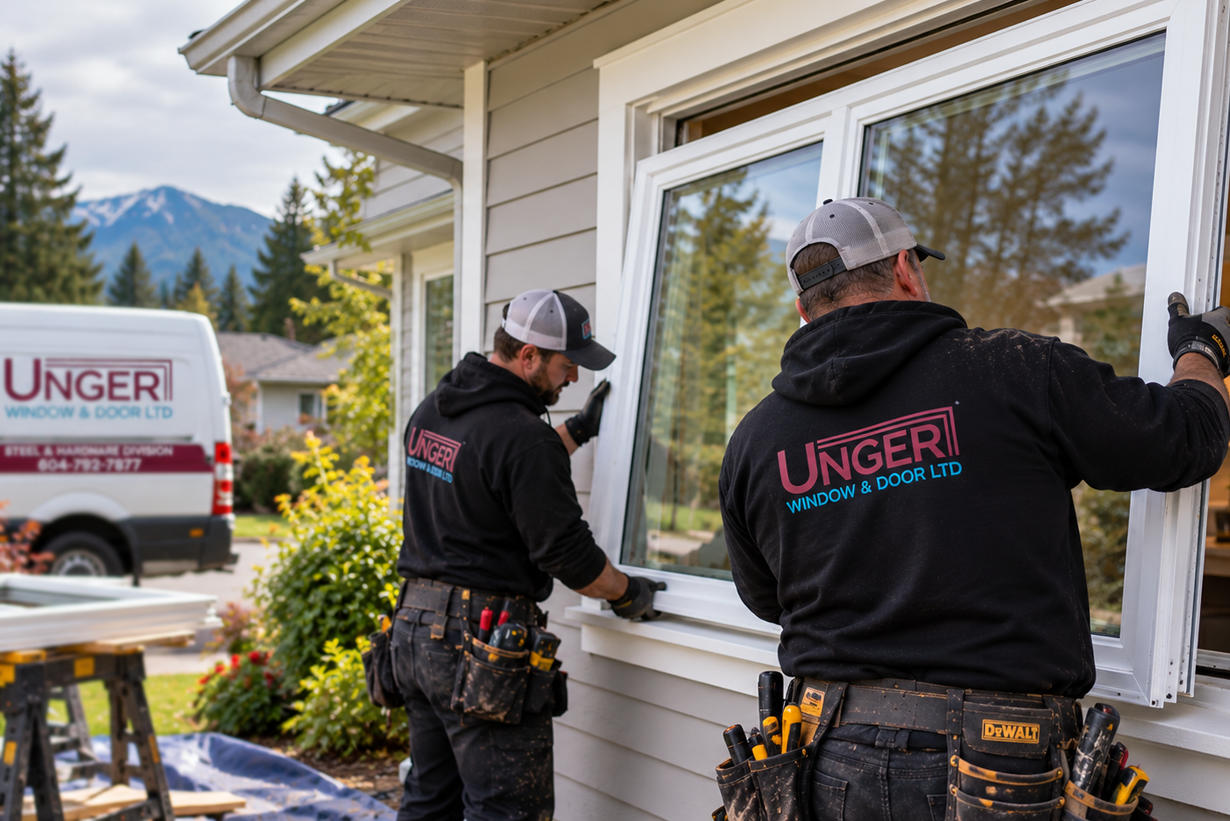 unger-window-and-door-installers-bc Professional Unger Window & Door installers carefully fitting a new vinyl replacement window on a British Columbia home.